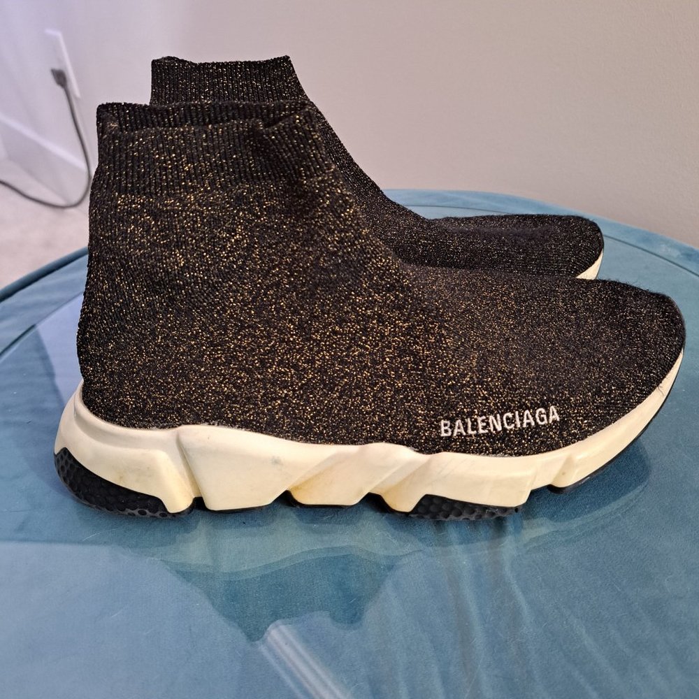 BALENCIAGA Speed Lite Sneaker Blk/Gold Metallic Knit Sneakers - Picture 5 of 8